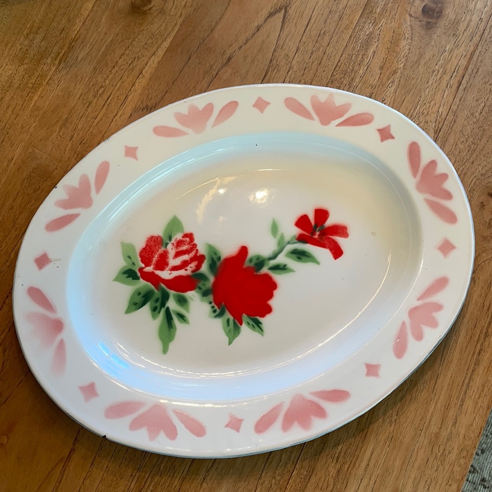 Vintage looking enamel rose platter